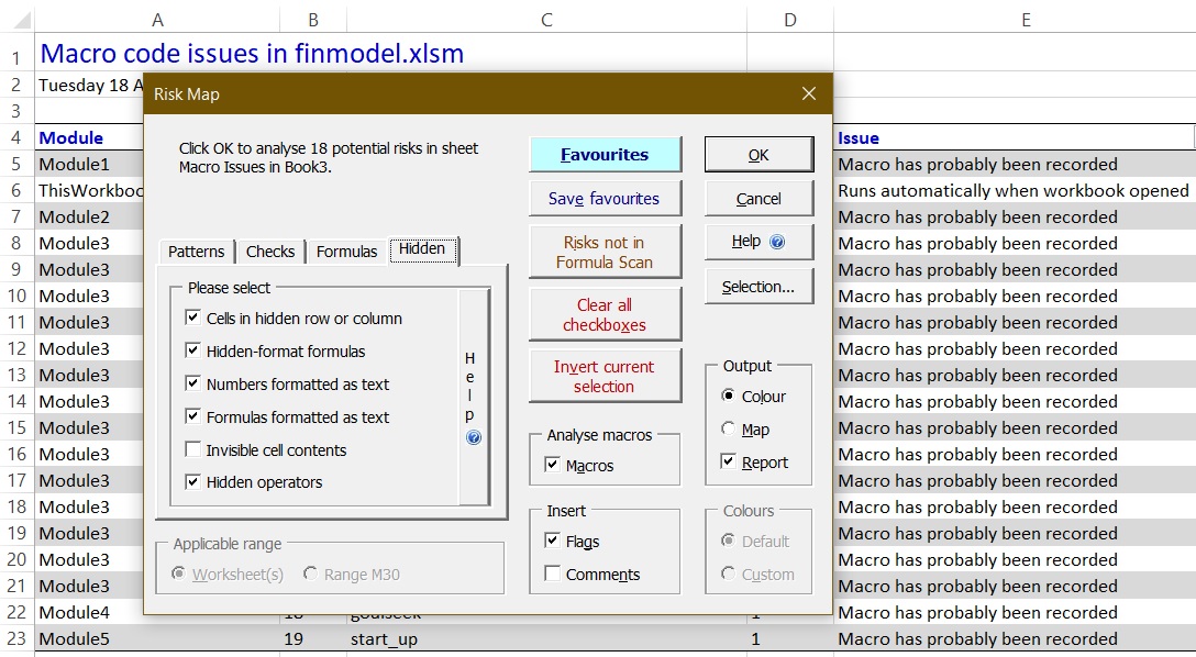 Find hidden cells and risky macros